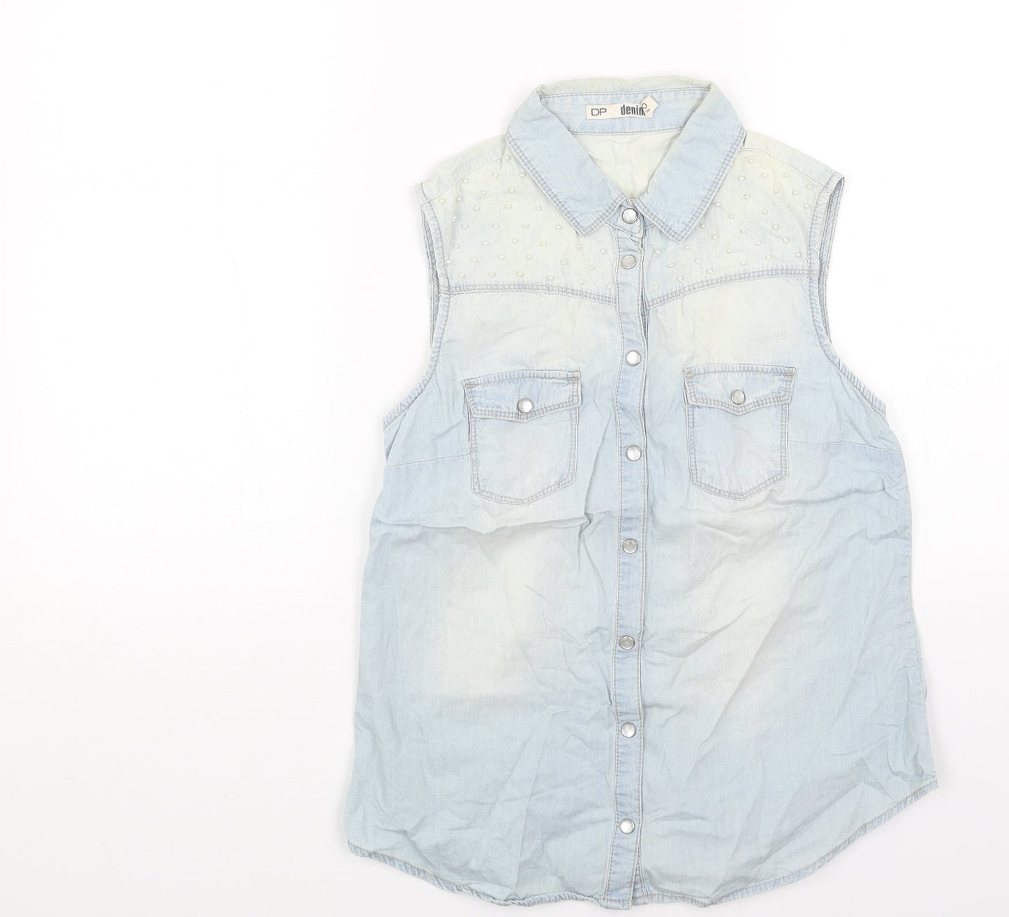 DP Womens Blue Cotton Basic Button-Up Size 10 Collared - Pearl Detail