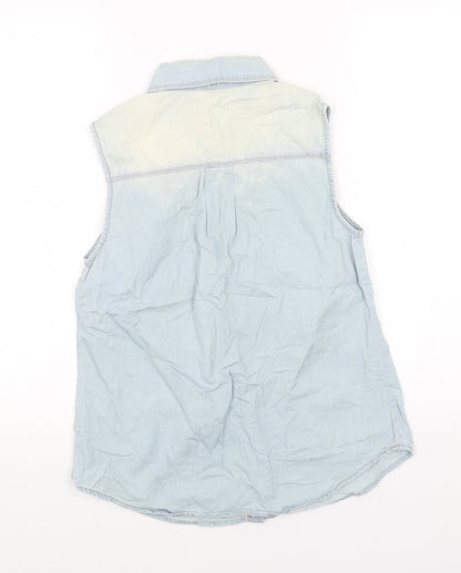 DP Womens Blue Cotton Basic Button-Up Size 10 Collared - Pearl Detail