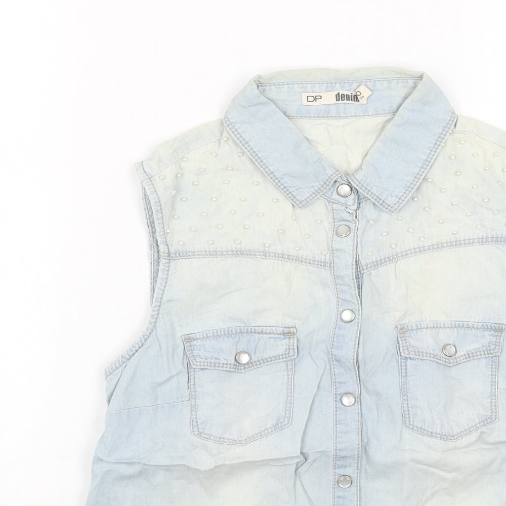 DP Womens Blue Cotton Basic Button-Up Size 10 Collared - Pearl Detail