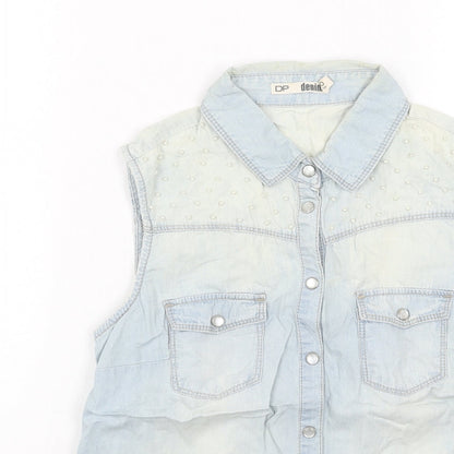DP Womens Blue Cotton Basic Button-Up Size 10 Collared - Pearl Detail