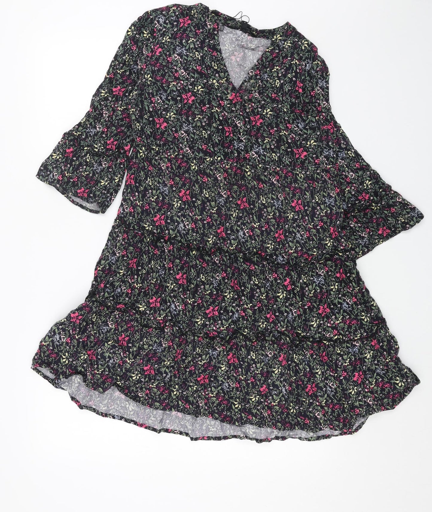 VERO MODA Womens Black Floral Viscose A-Line Size M V-Neck Pullover