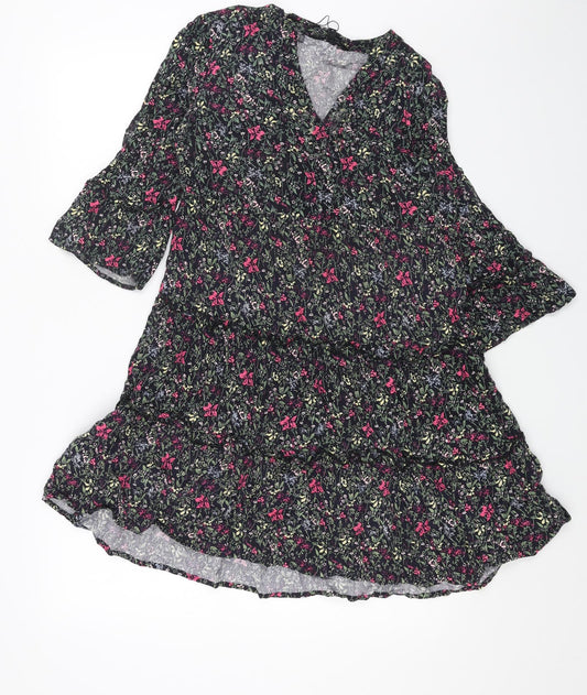VERO MODA Womens Black Floral Viscose A-Line Size M V-Neck Pullover