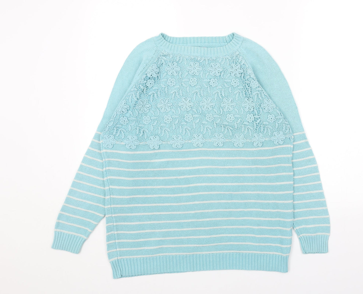 Cotton Traders Womens Blue Round Neck Striped Cotton Pullover Jumper Size 10 - Flower Pattern Size 10-12