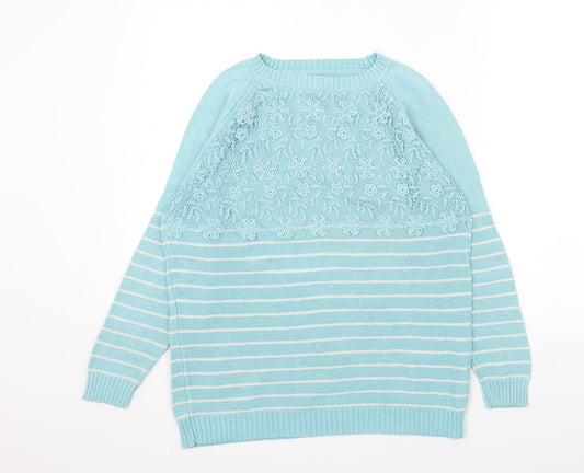 Cotton Traders Womens Blue Round Neck Striped Cotton Pullover Jumper Size 10 - Flower Pattern Size 10-12