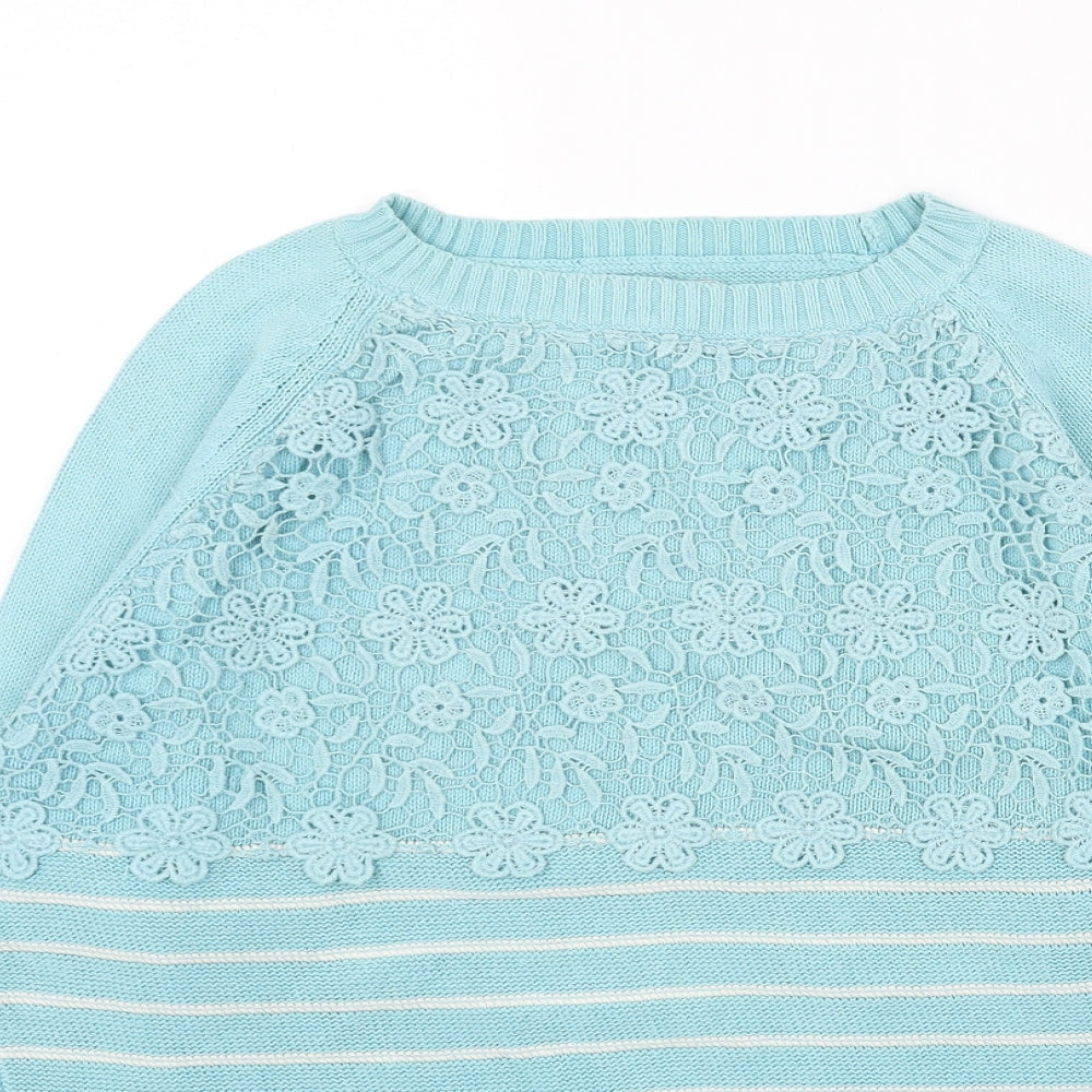 Cotton Traders Womens Blue Round Neck Striped Cotton Pullover Jumper Size 10 - Flower Pattern Size 10-12