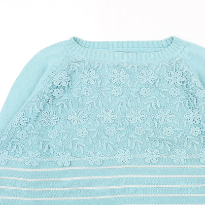 Cotton Traders Womens Blue Round Neck Striped Cotton Pullover Jumper Size 10 - Flower Pattern Size 10-12