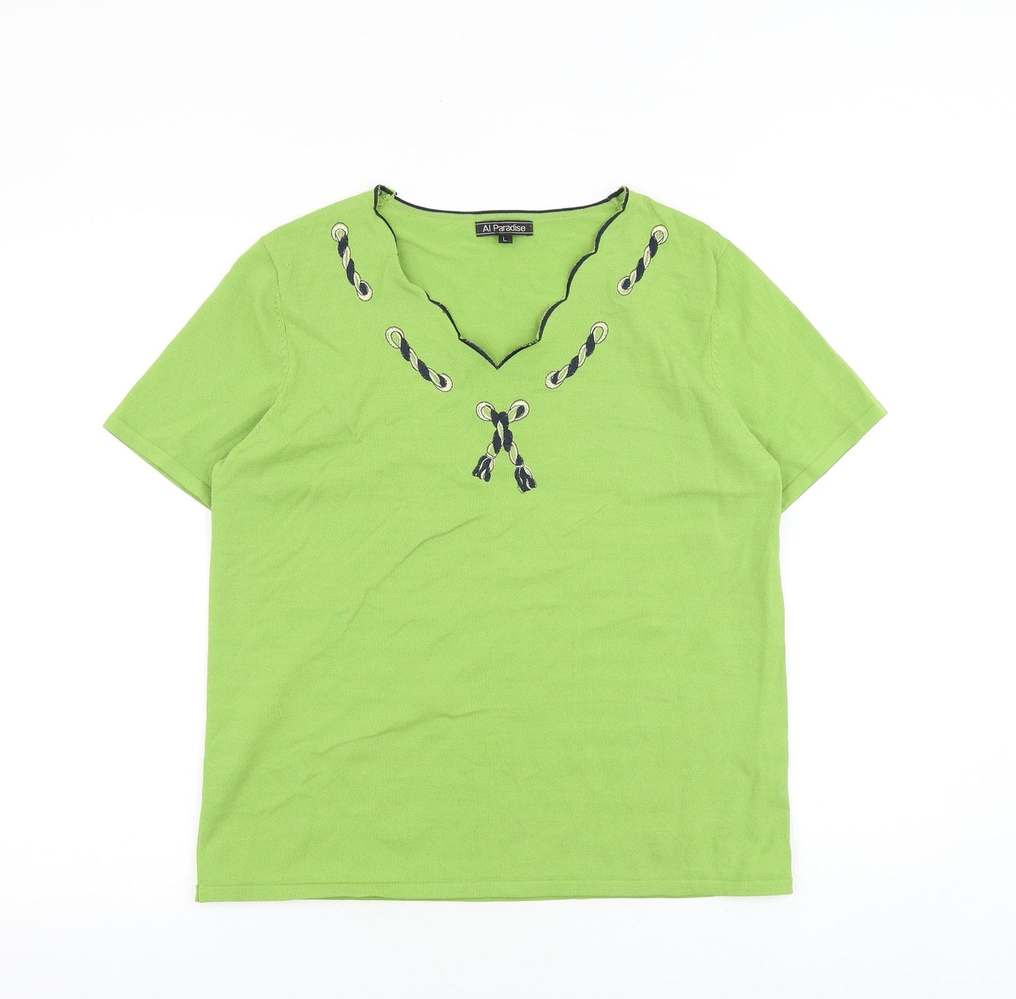 Al Paradise Womens Green Viscose Basic T-Shirt Size M V-Neck