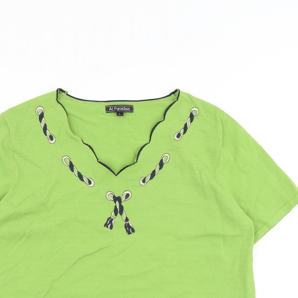 Al Paradise Womens Green Viscose Basic T-Shirt Size M V-Neck