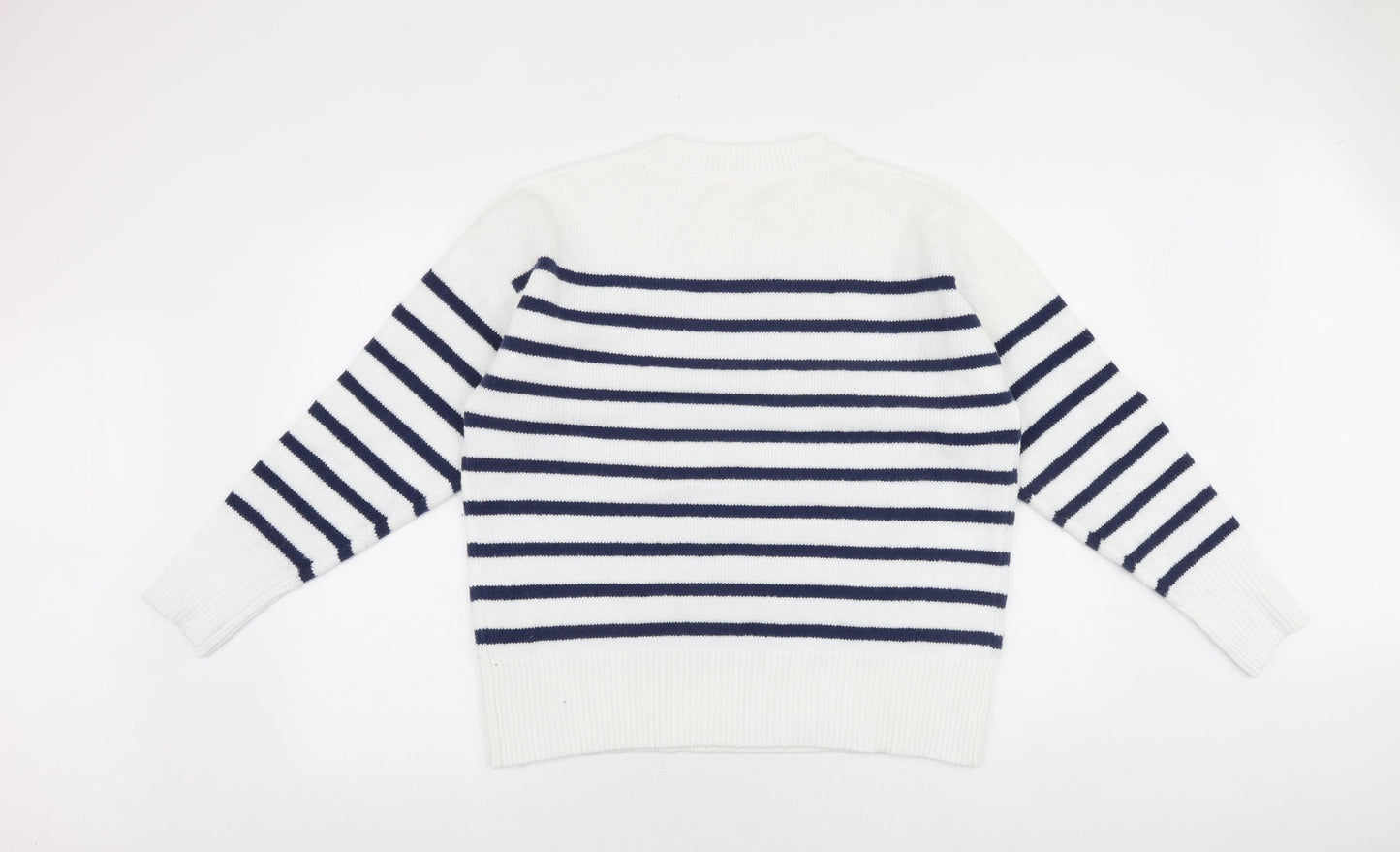 SheIn Womens White Round Neck Striped Acrylic Pullover Jumper Size L - Heart Detail