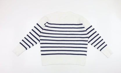 SheIn Womens White Round Neck Striped Acrylic Pullover Jumper Size L - Heart Detail