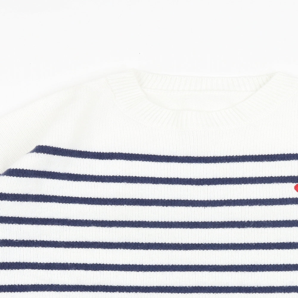 SheIn Womens White Round Neck Striped Acrylic Pullover Jumper Size L - Heart Detail