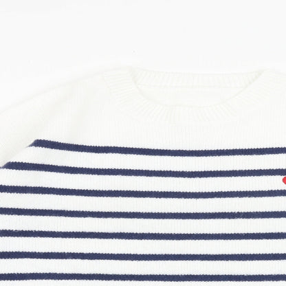 SheIn Womens White Round Neck Striped Acrylic Pullover Jumper Size L - Heart Detail