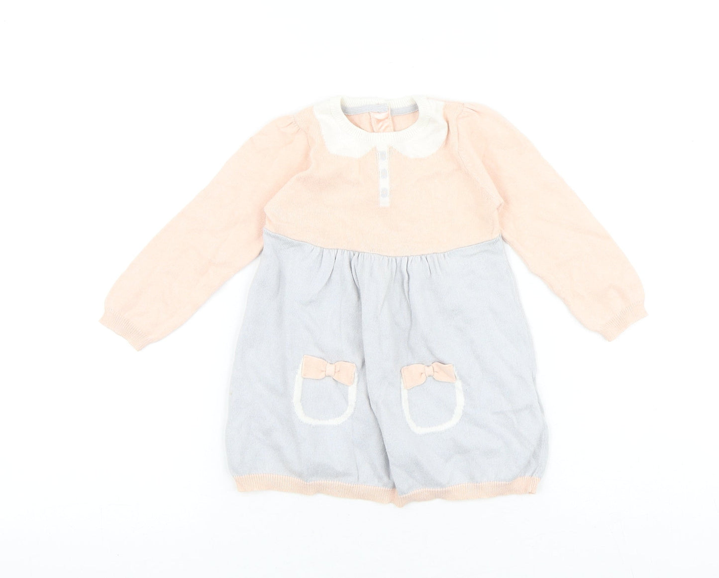 Marks and Spencer Baby Grey Colourblock 100% Cotton Jumper Dress Size 9-12 Months Round Neck Button