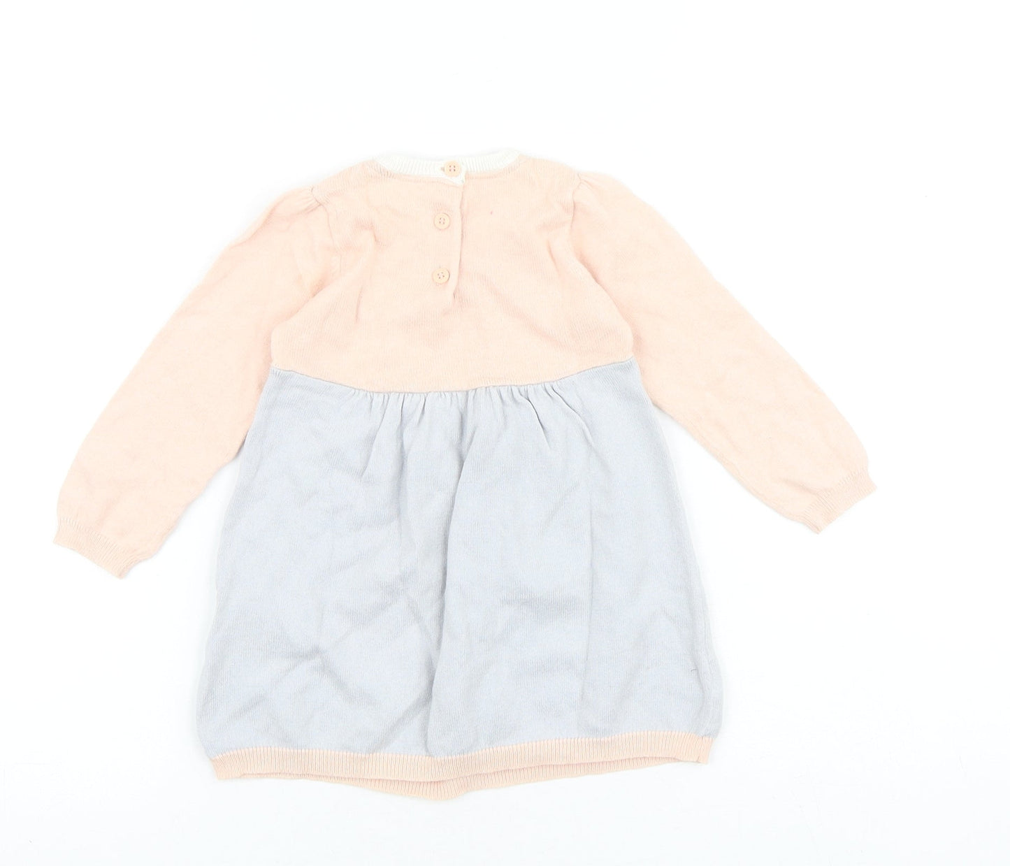 Marks and Spencer Baby Grey Colourblock 100% Cotton Jumper Dress Size 9-12 Months Round Neck Button