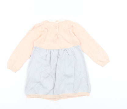 Marks and Spencer Baby Grey Colourblock 100% Cotton Jumper Dress Size 9-12 Months Round Neck Button