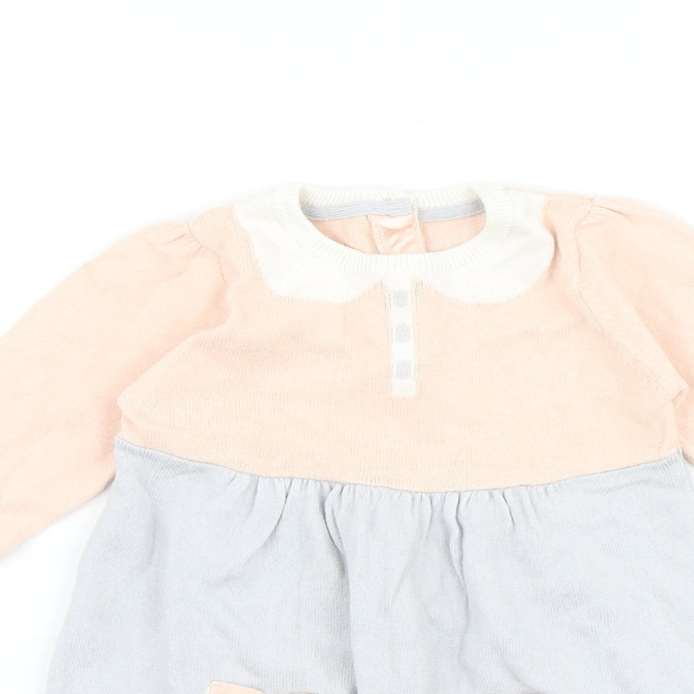 Marks and Spencer Baby Grey Colourblock 100% Cotton Jumper Dress Size 9-12 Months Round Neck Button