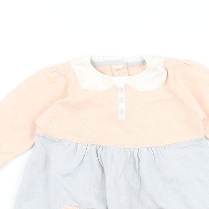 Marks and Spencer Baby Grey Colourblock 100% Cotton Jumper Dress Size 9-12 Months Round Neck Button