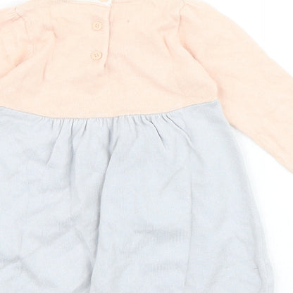 Marks and Spencer Baby Grey Colourblock 100% Cotton Jumper Dress Size 9-12 Months Round Neck Button