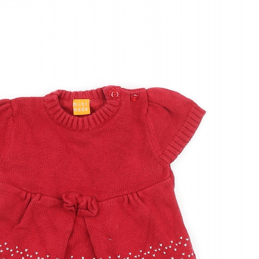 MINIMODE Baby Red Geometric 100% Cotton Jumper Dress Size 0-3 Months Round Neck Button