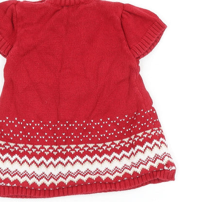 MINIMODE Baby Red Geometric 100% Cotton Jumper Dress Size 0-3 Months Round Neck Button