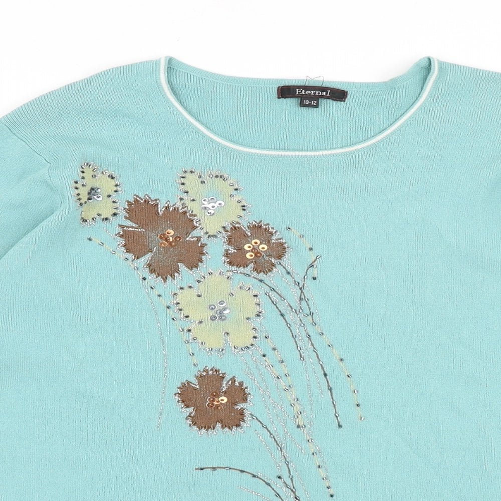 Eternal Womens Green Round Neck Floral Viscose Pullover Jumper Size 10 Pullover