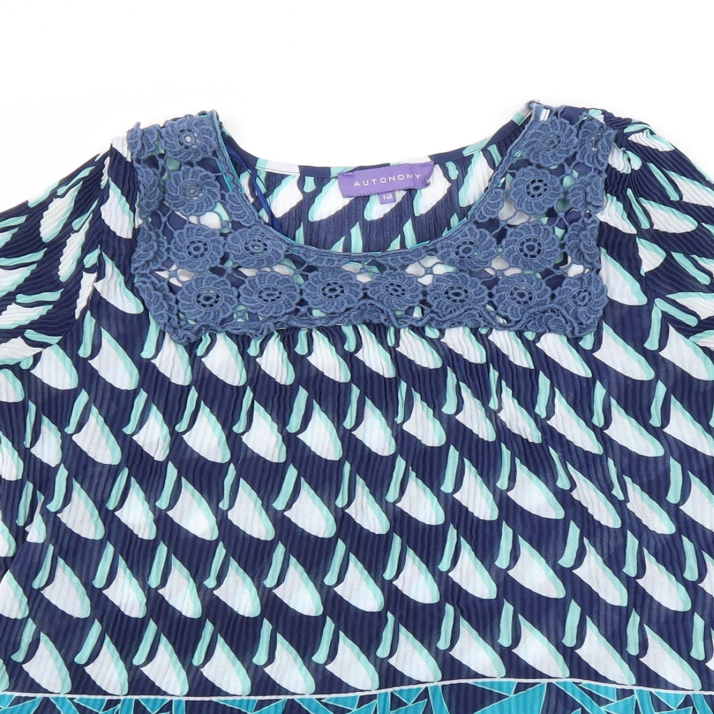 Autonomy Womens Blue Geometric Polyester Basic Blouse Size 12 Round Neck