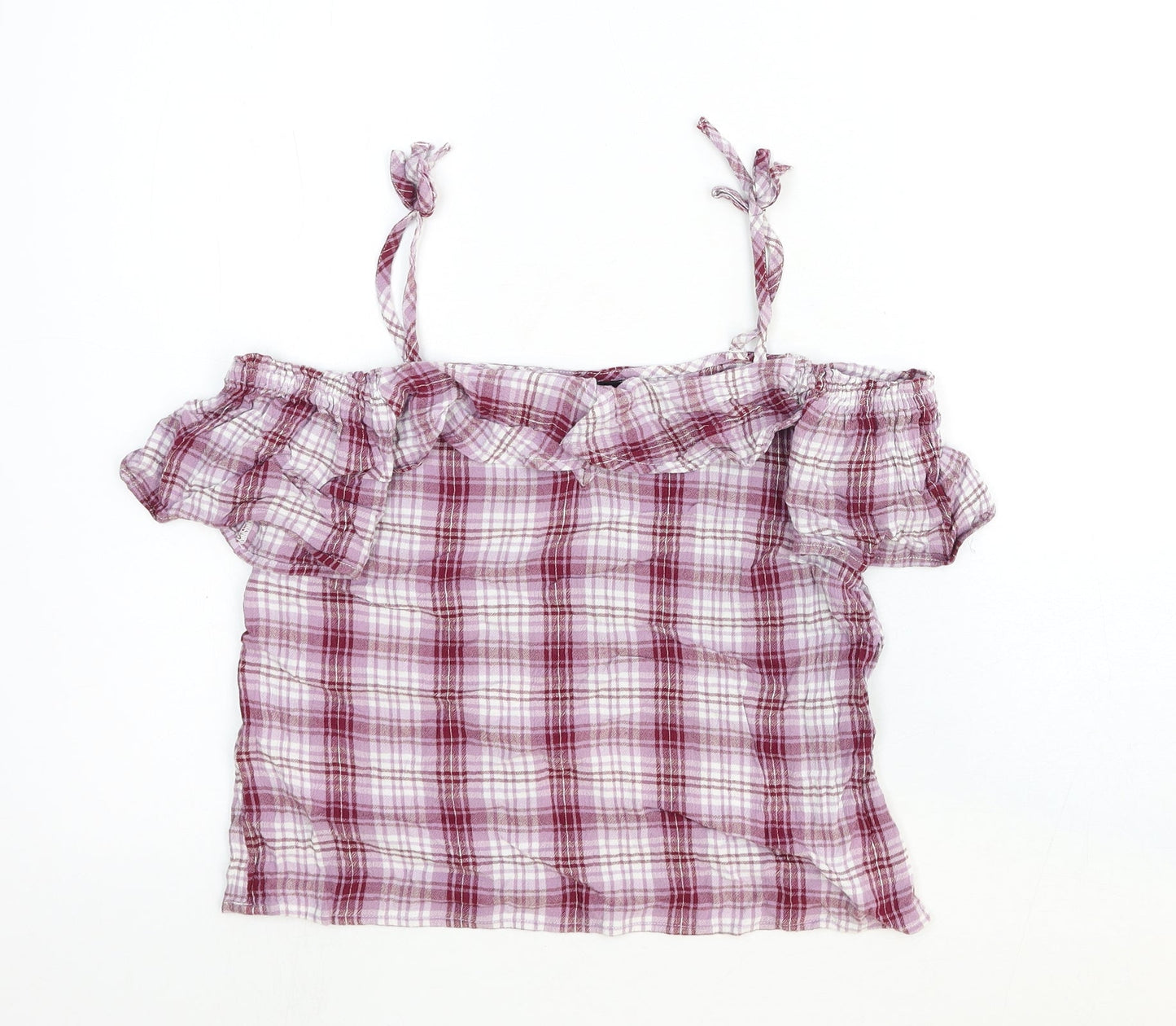 New Look Womens Red Plaid Cotton Basic Blouse Size 10 Off the Shoulder