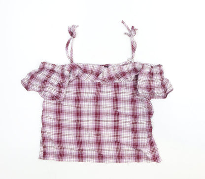 New Look Womens Red Plaid Cotton Basic Blouse Size 10 Off the Shoulder