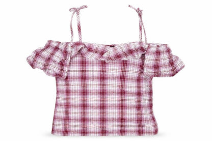 New Look Womens Red Plaid Cotton Basic Blouse Size 10 Off the Shoulder