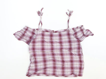 New Look Womens Red Plaid Cotton Basic Blouse Size 10 Off the Shoulder