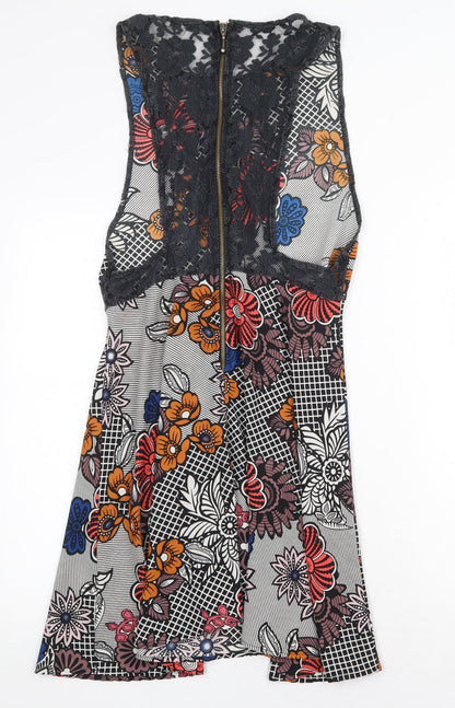 Glamorous Womens Multicoloured Floral Polyester A-Line Size M Scoop Neck Zip - Lace trim