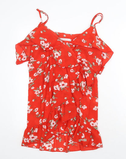 Jumeiyifang Womens Red Floral Polyester Tunic Blouse Size M V-Neck - Cold Shoulder