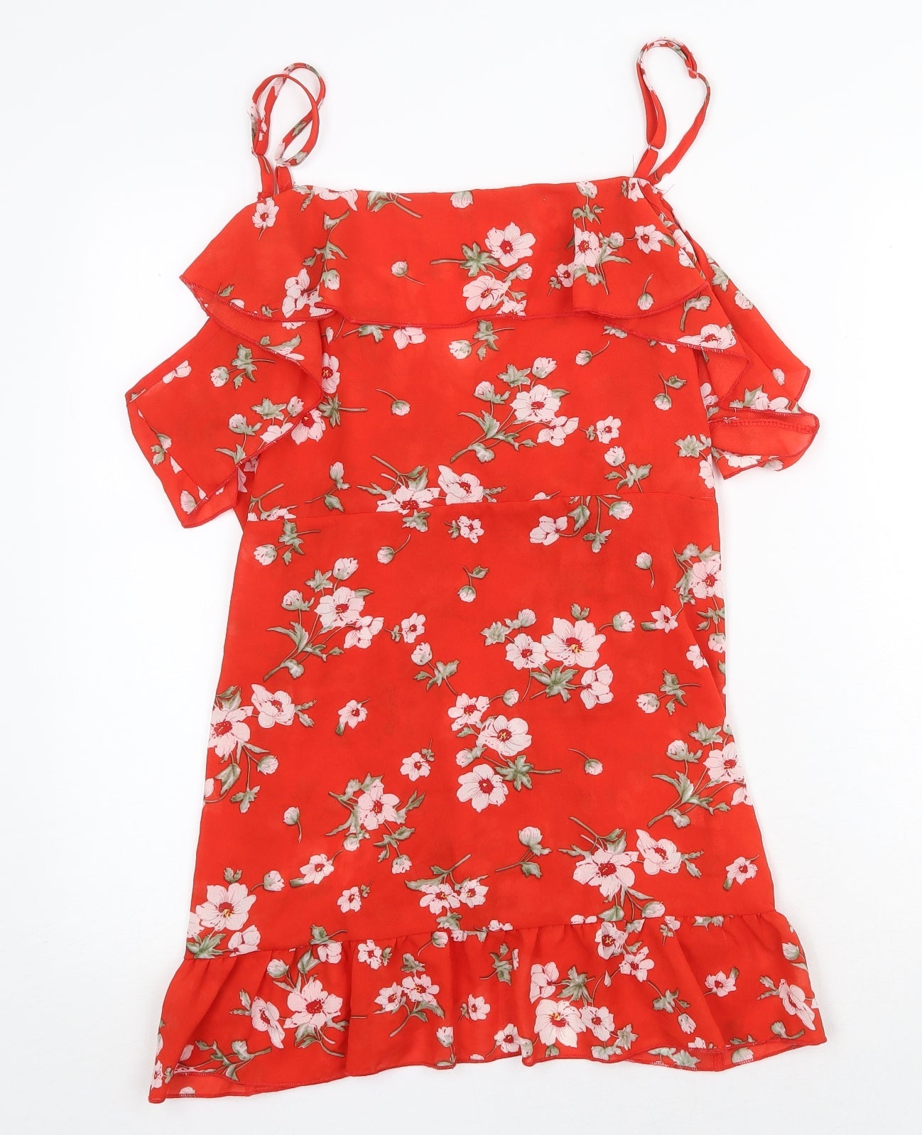 Jumeiyifang Womens Red Floral Polyester Tunic Blouse Size M V-Neck - Cold Shoulder