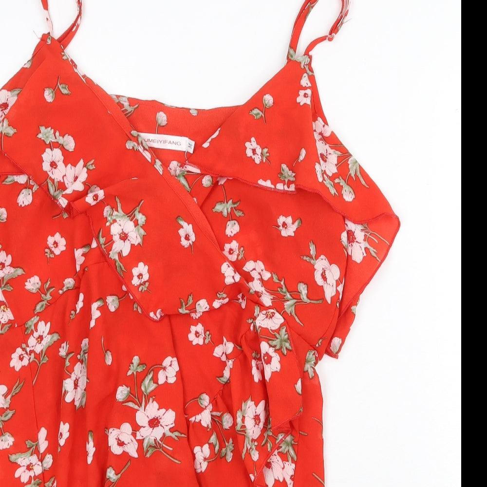 Jumeiyifang Womens Red Floral Polyester Tunic Blouse Size M V-Neck - Cold Shoulder