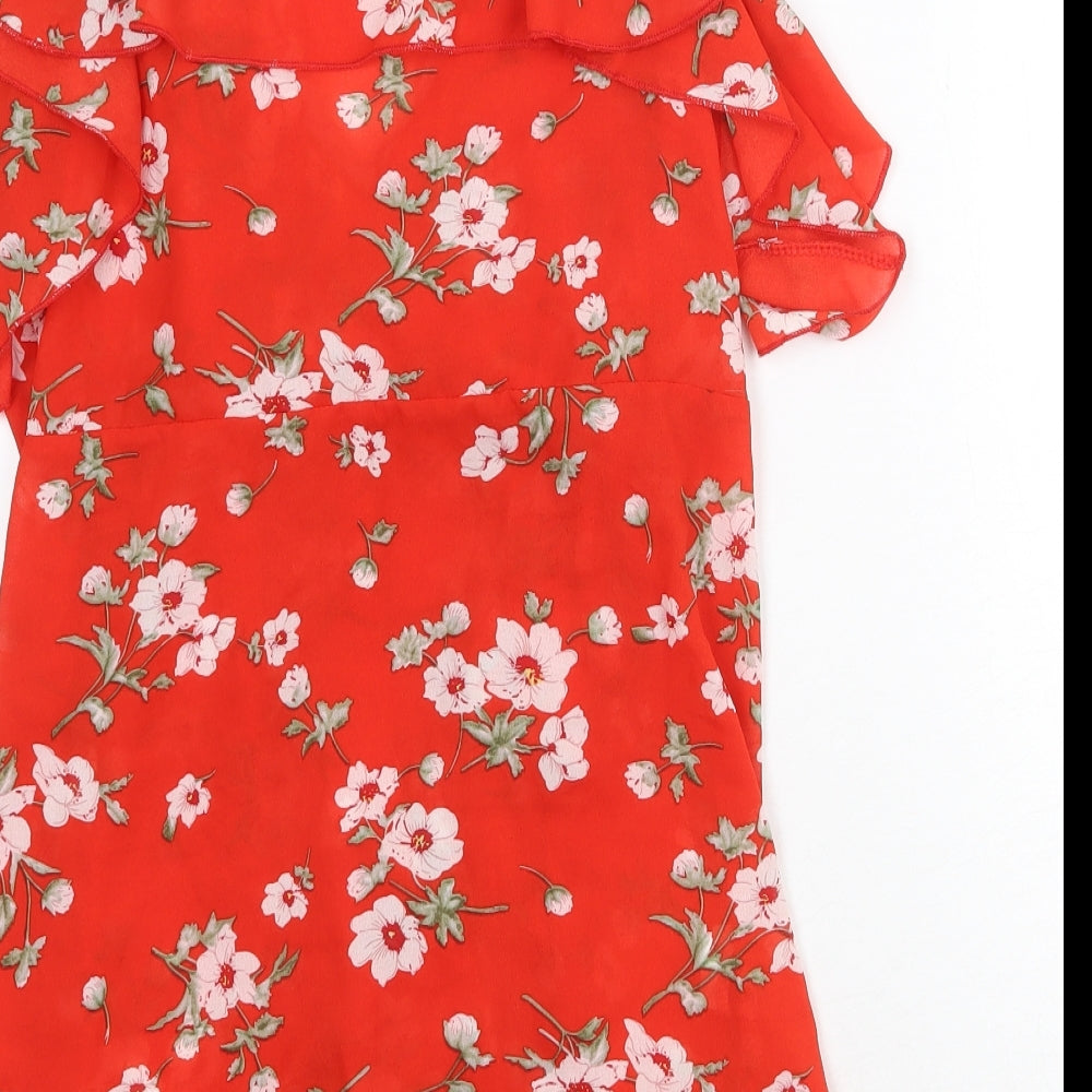 Jumeiyifang Womens Red Floral Polyester Tunic Blouse Size M V-Neck - Cold Shoulder