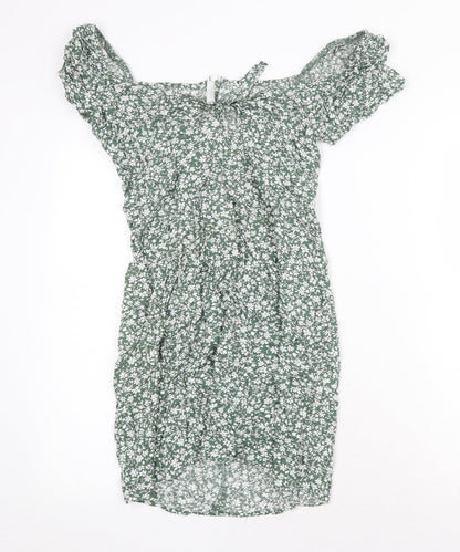 SheIn Womens Green Floral Polyester A-Line Size M Boat Neck Zip