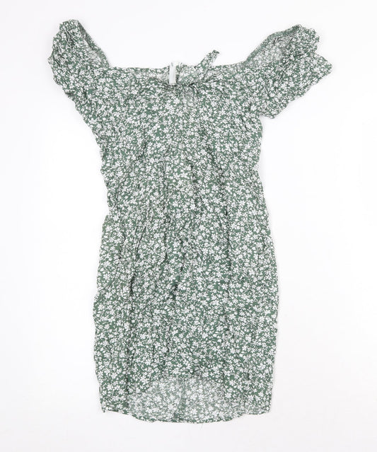 SheIn Womens Green Floral Polyester A-Line Size M Boat Neck Zip