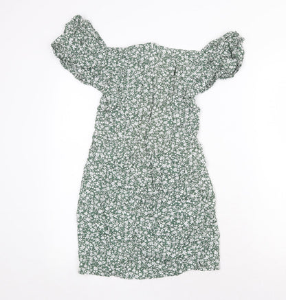 SheIn Womens Green Floral Polyester A-Line Size M Boat Neck Zip