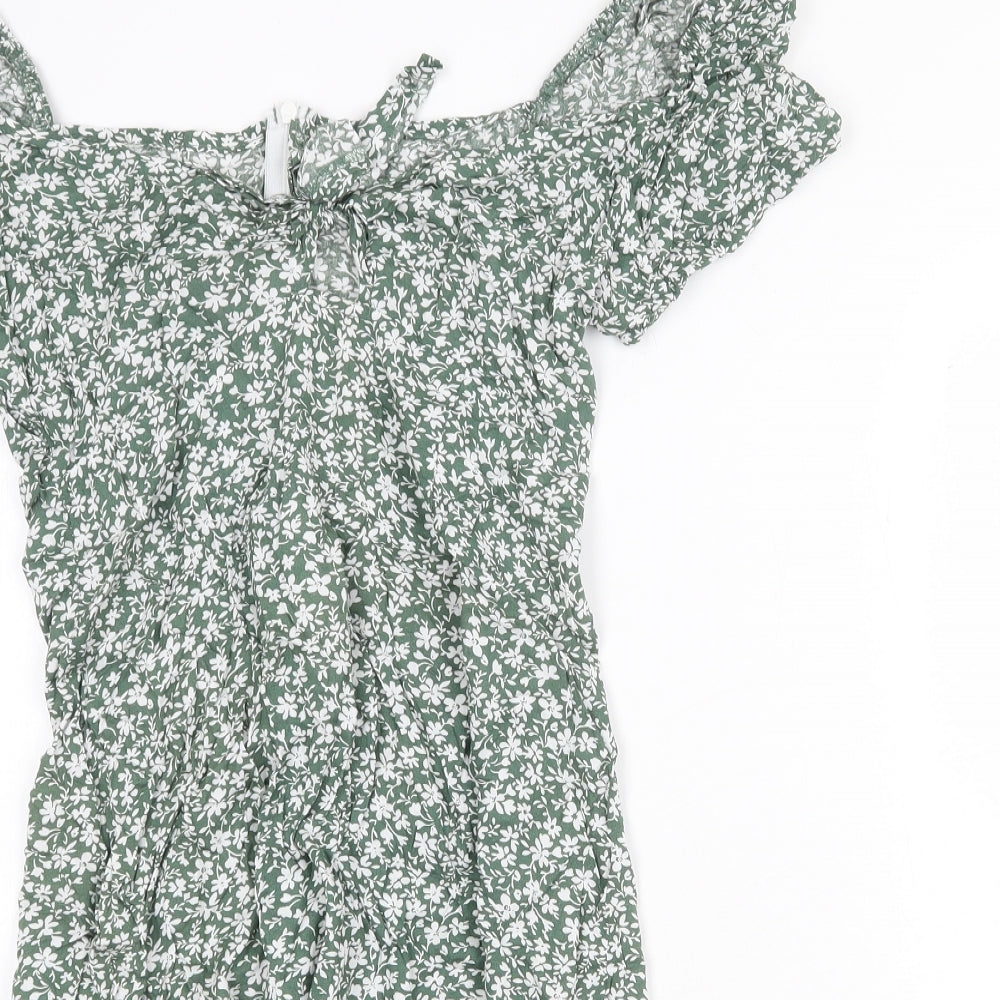 SheIn Womens Green Floral Polyester A-Line Size M Boat Neck Zip