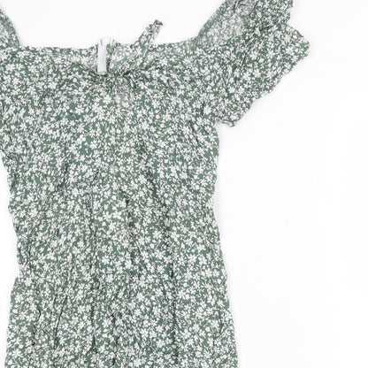 SheIn Womens Green Floral Polyester A-Line Size M Boat Neck Zip