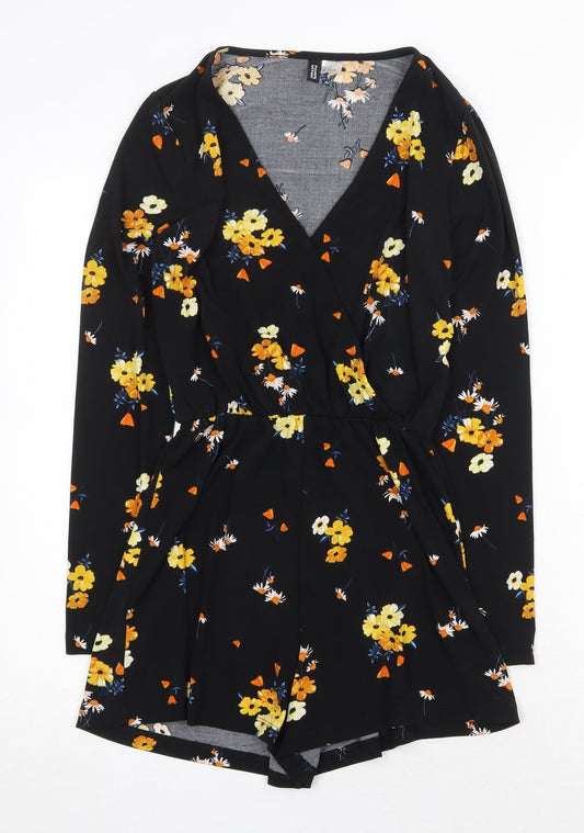 H&M Womens Black Floral Polyester Playsuit One-Piece Size 4 Snap