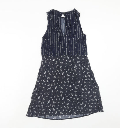 Cooperative Womens Blue Geometric Viscose Skater Dress Size XS Round Neck Button