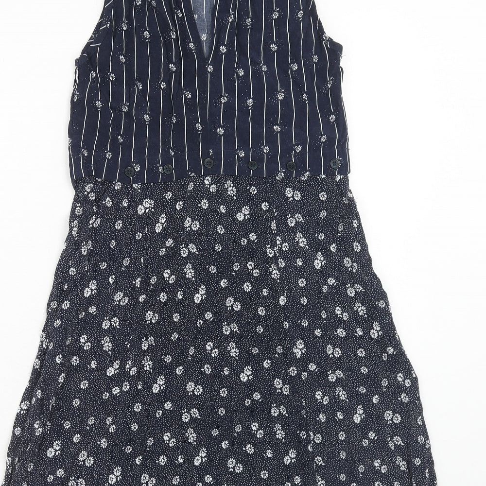 Cooperative Womens Blue Geometric Viscose Skater Dress Size XS Round Neck Button