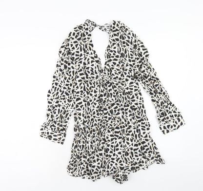 Zara Womens White Geometric Viscose Playsuit One-Piece Size S Button