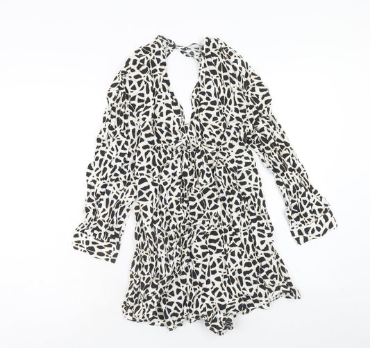 Zara Womens White Geometric Viscose Playsuit One-Piece Size S Button