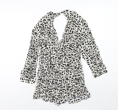 Zara Womens White Geometric Viscose Playsuit One-Piece Size S Button