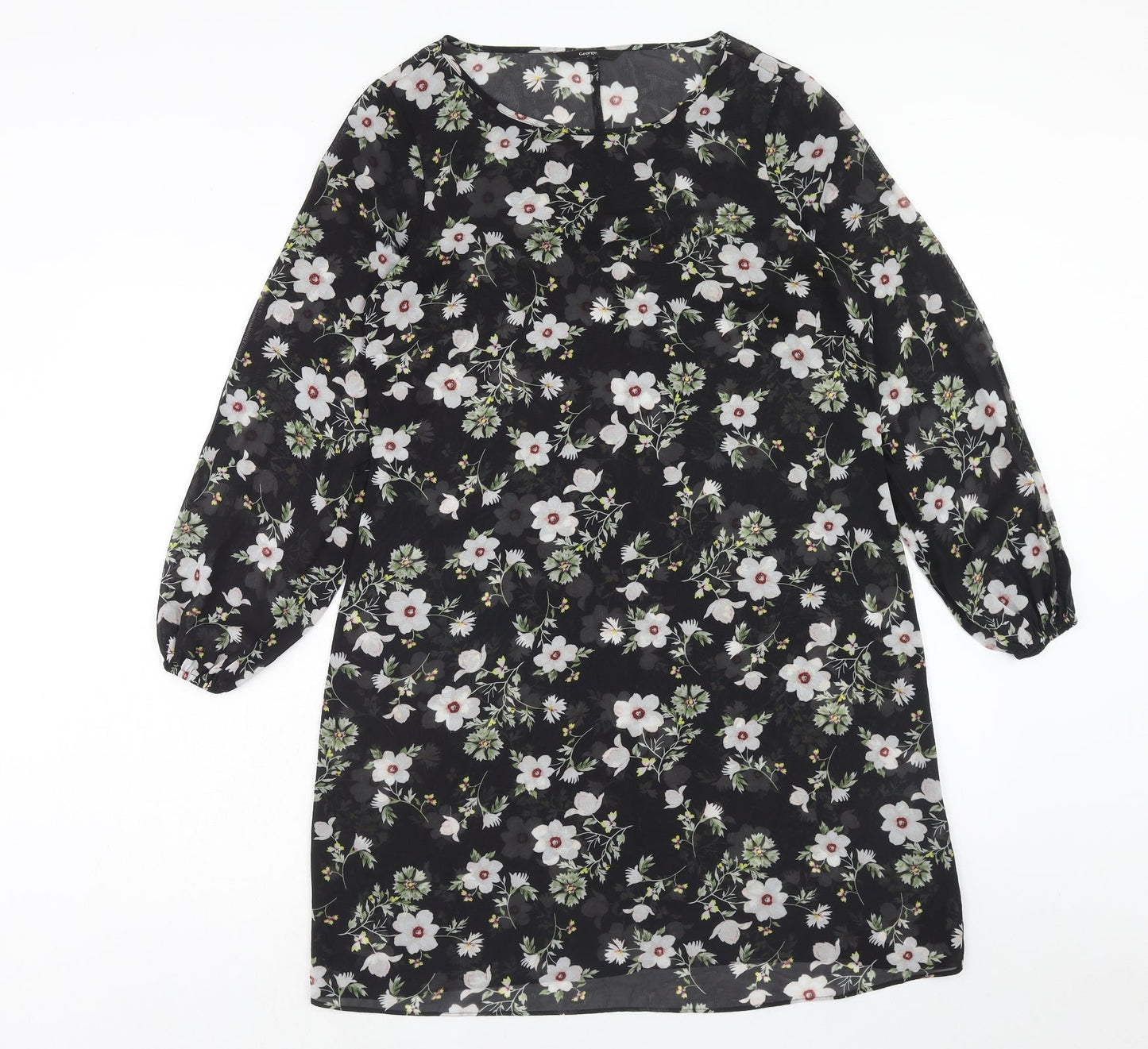 George Womens Black Floral Polyester A-Line Size 10 Round Neck Pullover