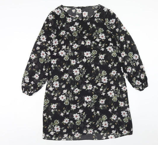 George Womens Black Floral Polyester A-Line Size 10 Round Neck Pullover