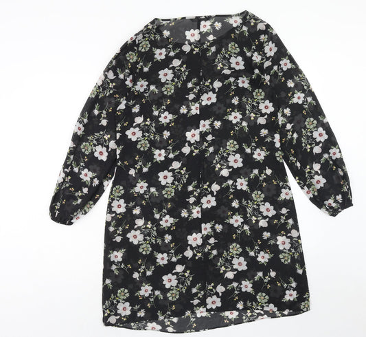 George Womens Black Floral Polyester A-Line Size 10 Round Neck Pullover