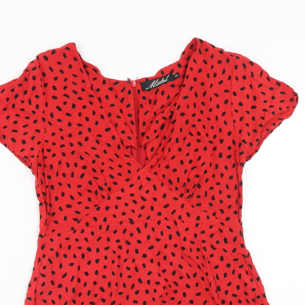 Motel Womens Red Geometric Viscose A-Line Size XS V-Neck Zip